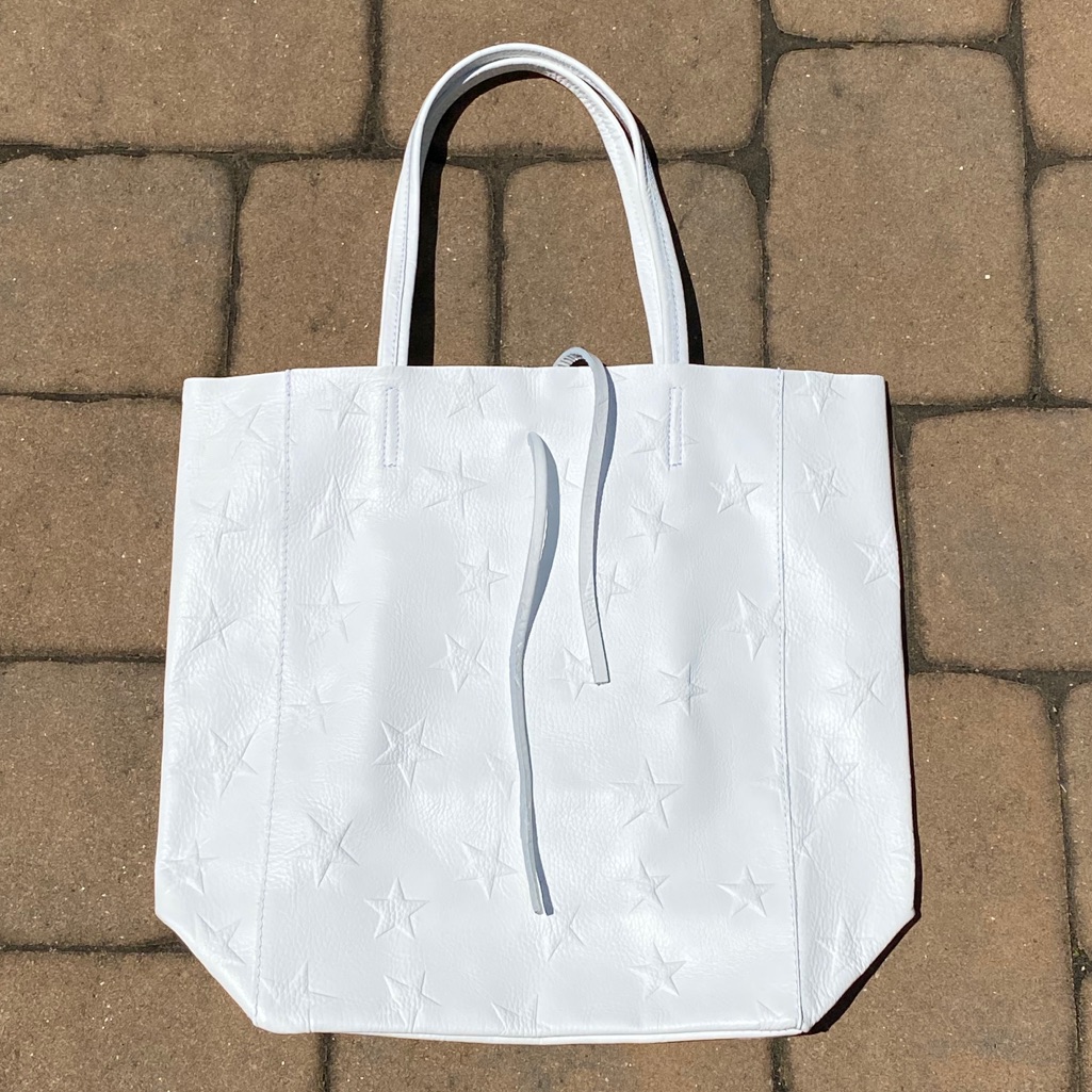 Nwt White Italian Leather Embossed Stars Tote